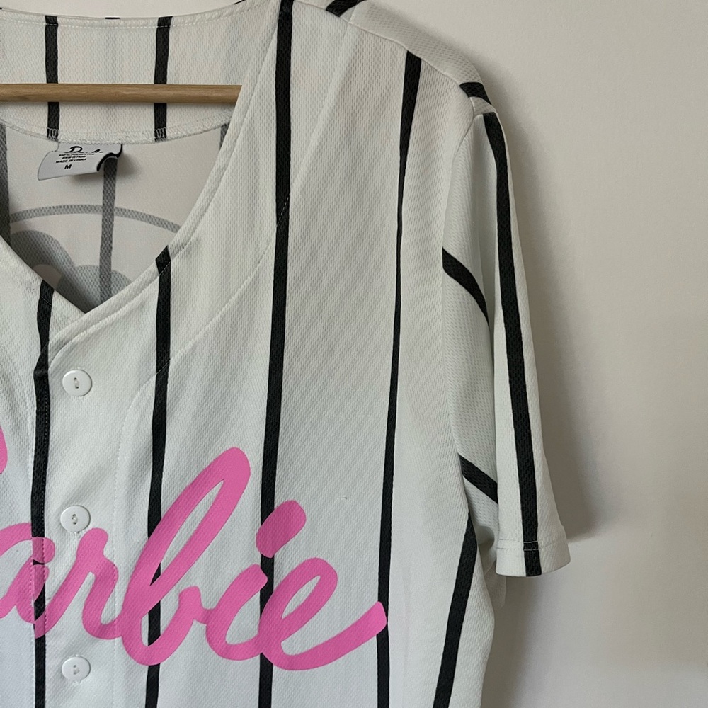 White Pinstriped Barbie Graphic Baseball Jersey - Picture 5 of 11